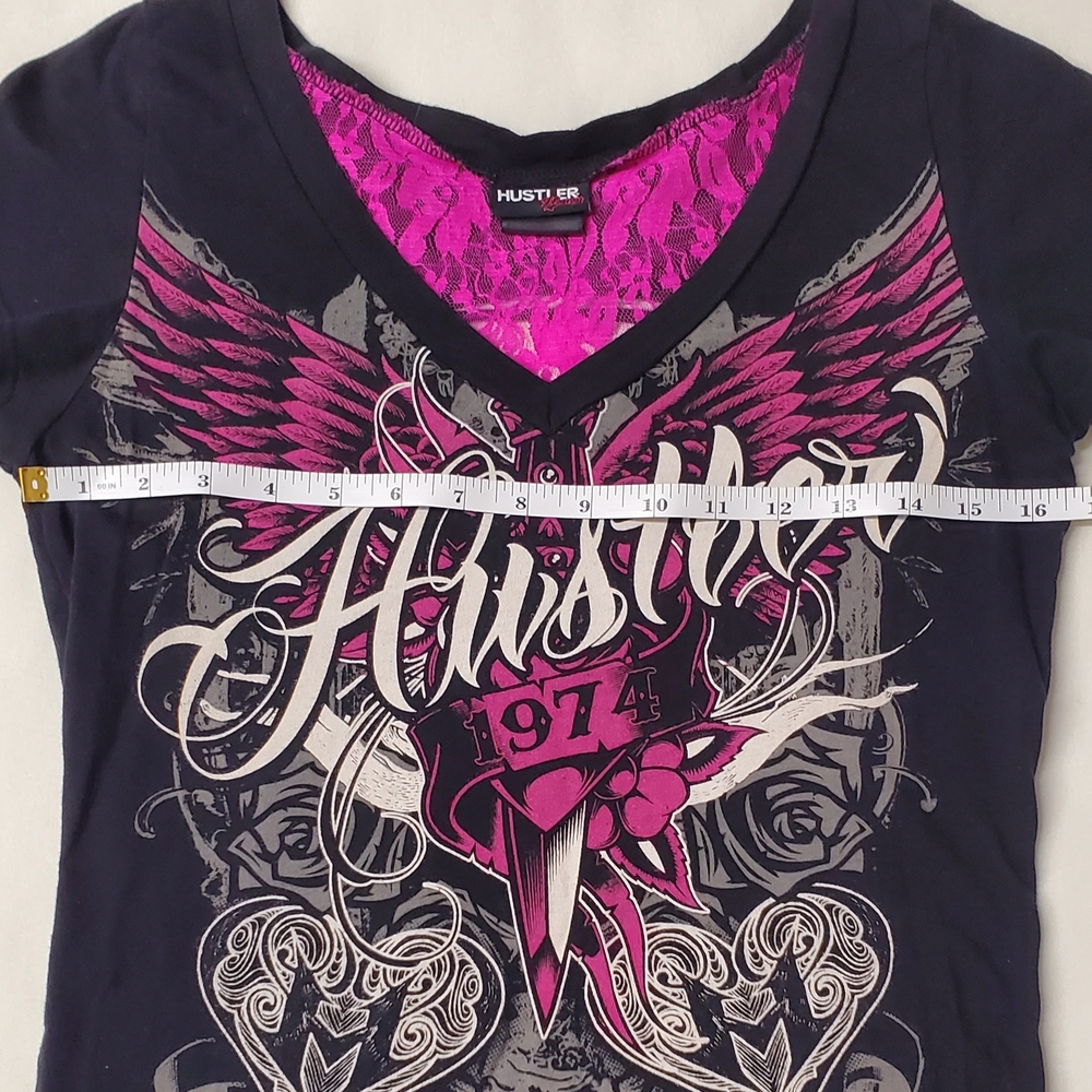 Hustler Honey M Vintage Y2K Black/Hot Pink Lace Punk Wing T-Shirt - Picture 5 of 5